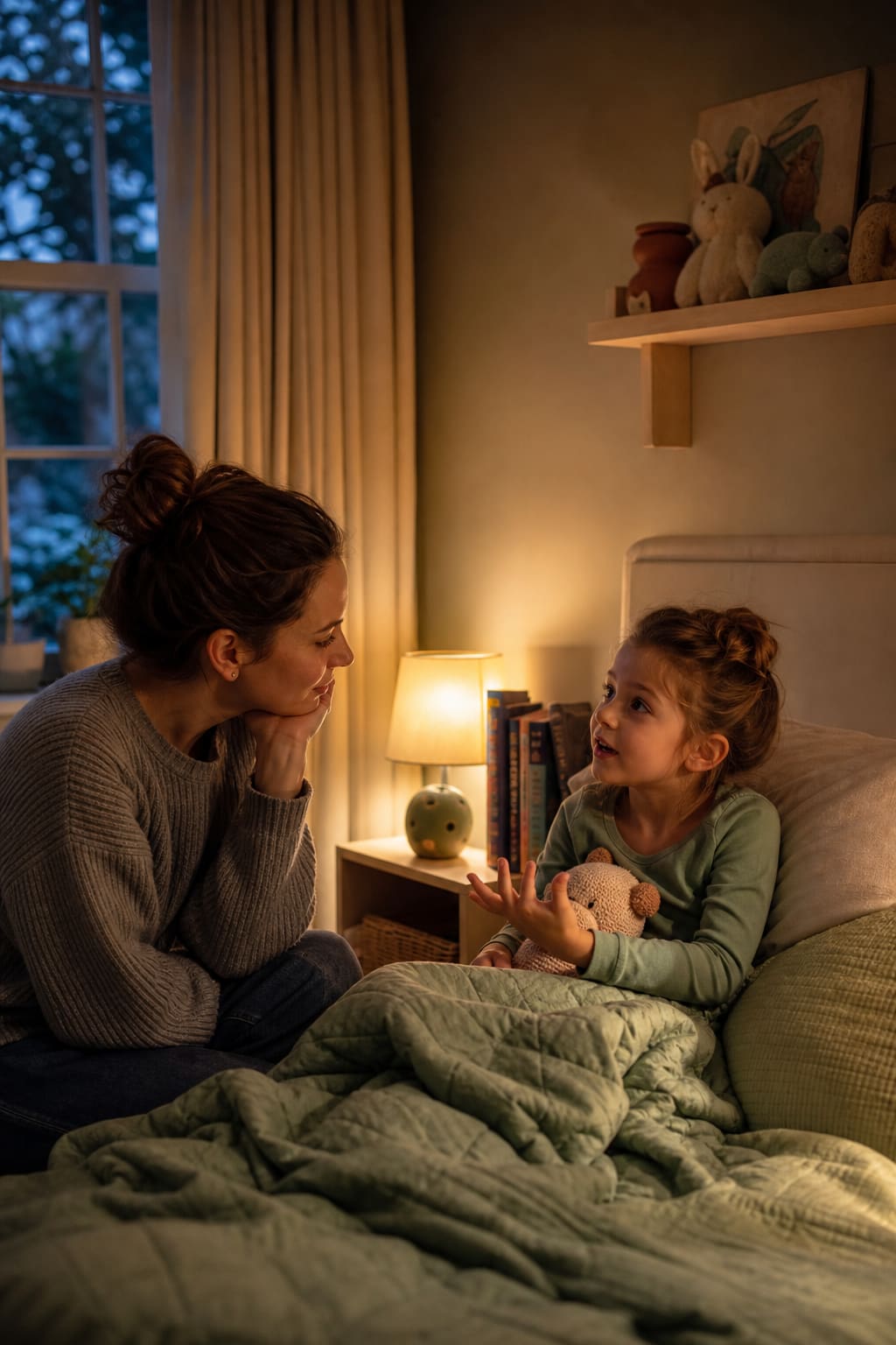 Calm parent listening to a child at bedtime in a softly lit room