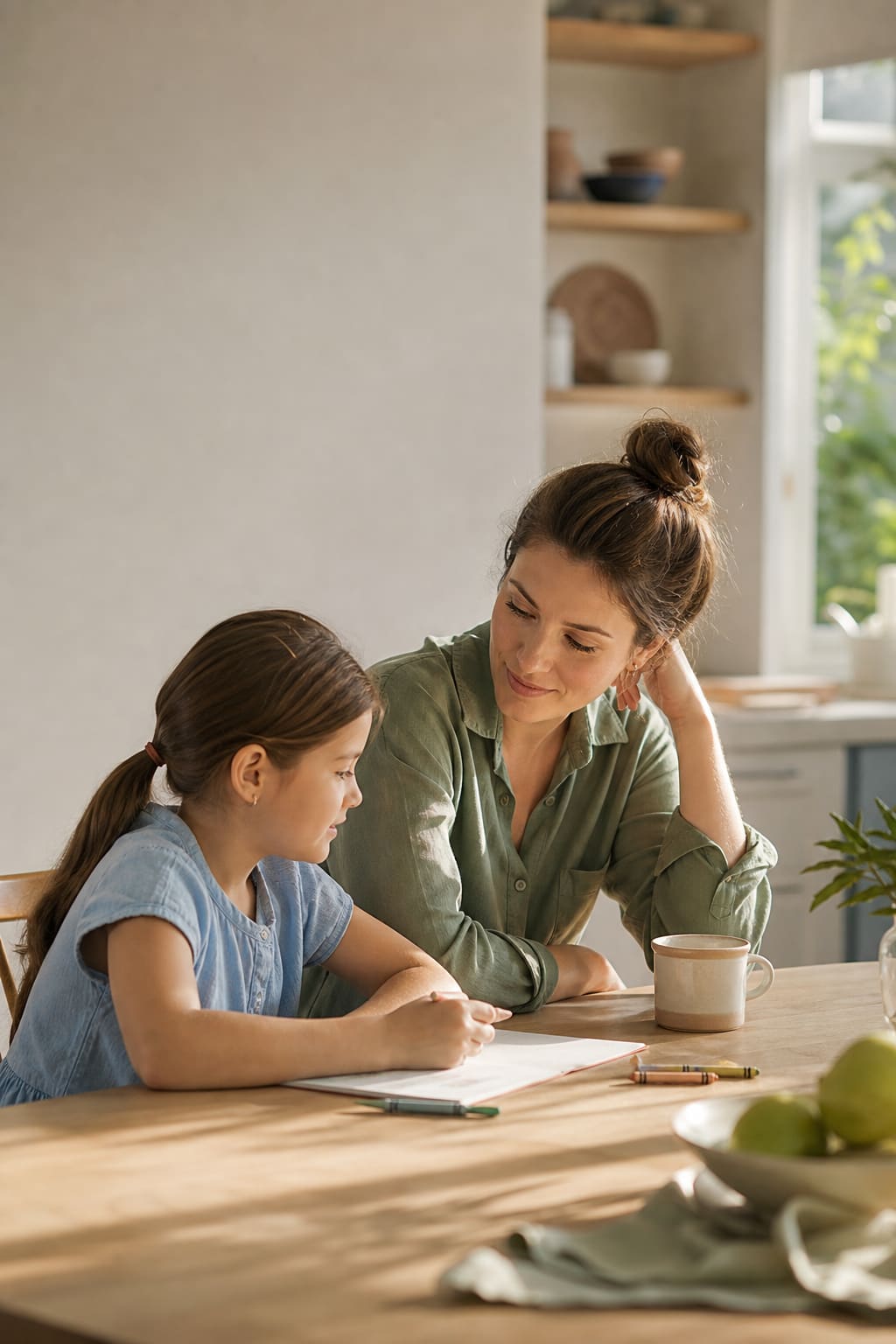 Parent and child sharing a calm conversation at a bright kitchen table